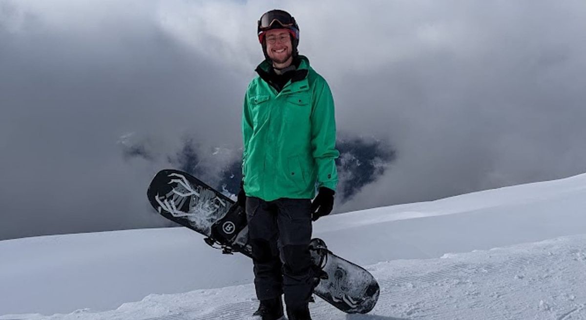 Adam Smylie pictured on the slopes during his snowboarding instructor sabbatical